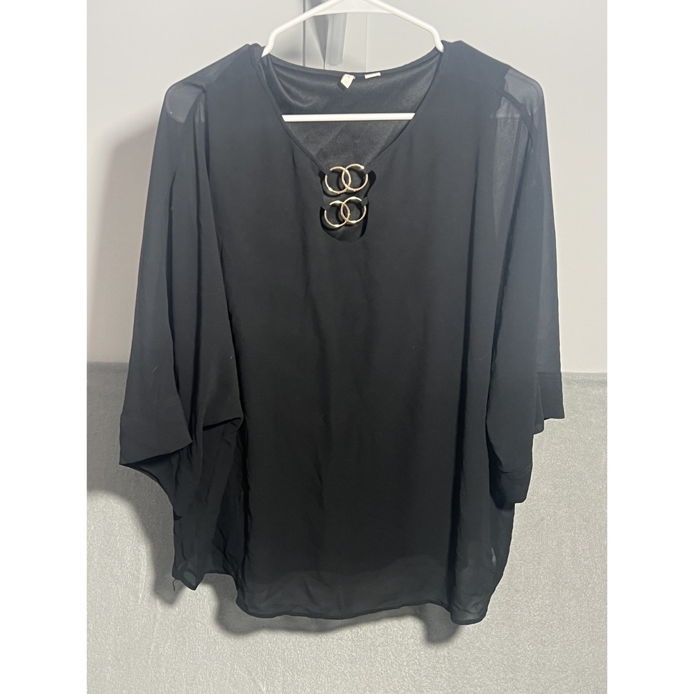 Est. 1946 Women's Black Chiffon Blouse Top Size M‎ Gold Ring Keyhole Neckline